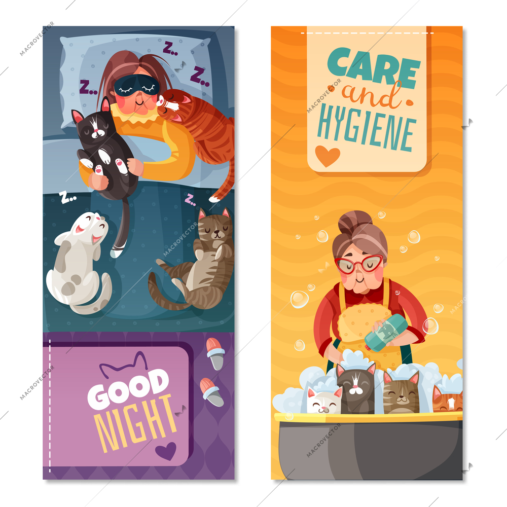 Set of vertical banners with old lady and cats during night sleep, pet washing isolated vector illustration