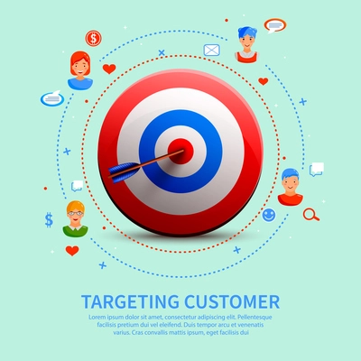 Targeting customer round composition with 3d aim, communications with clients icons on pale green background vector illustration