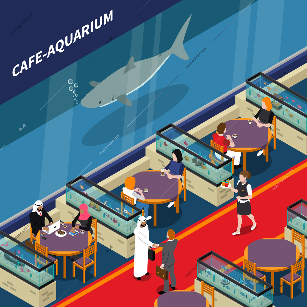 Cafe aquarium composition with food aquarium and visitors symbols isometric vector illustration