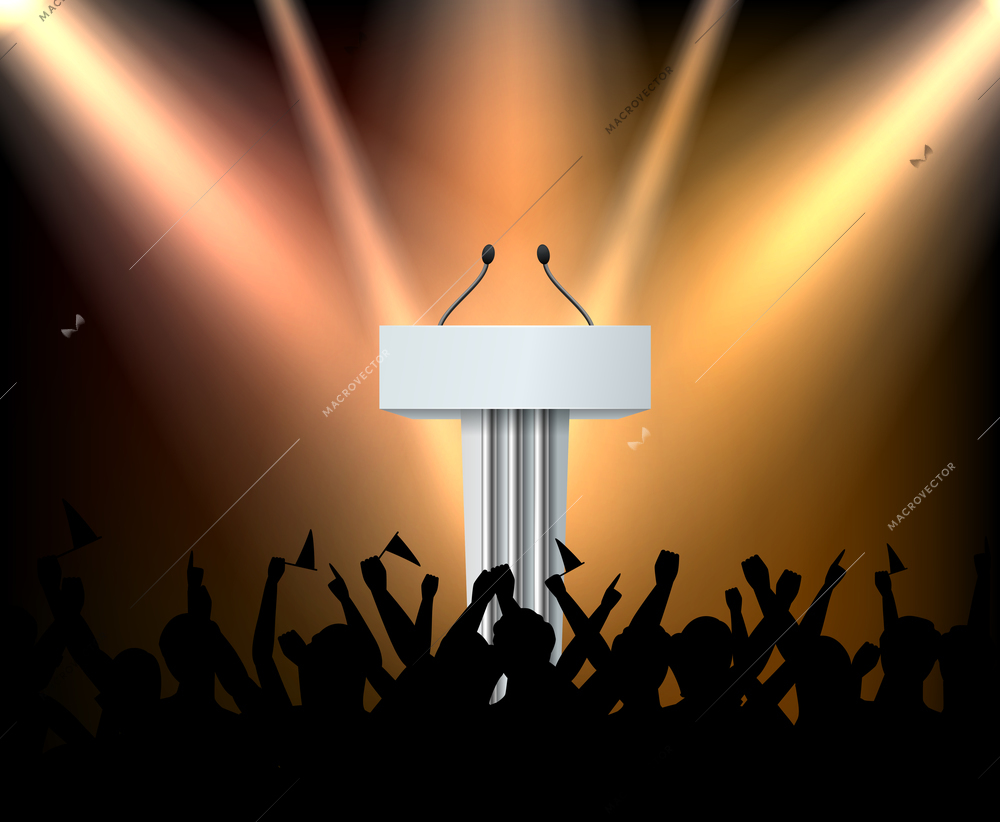 Empty white tribune on stage with illumination and silhouette of crowd realistic composition vector illustration