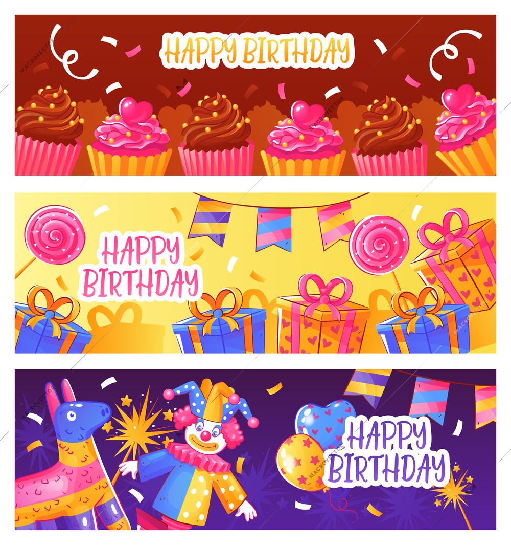 Birthday party 3 horizontal colorful banners with festive decorations greetings cakes candies presents toys isolated vector illustration