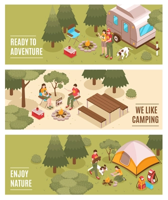 Summer camping hiking expedition 3 isometric horizontal banners with family tent backpacks open fire isolated vector illustration