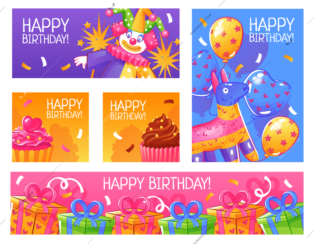 Happy birthday greeting party invitation funny cards banners collection with confetti cakes balloons presents isolated vector illustration