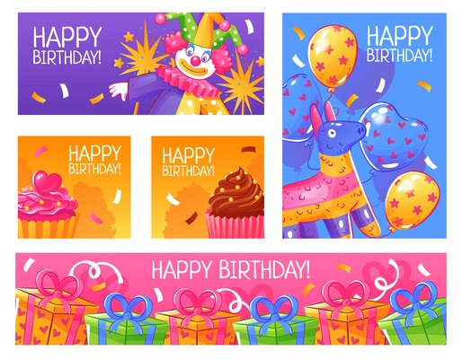 Happy birthday greeting party invitation funny cards banners collection with confetti cakes balloons presents isolated vector illustration