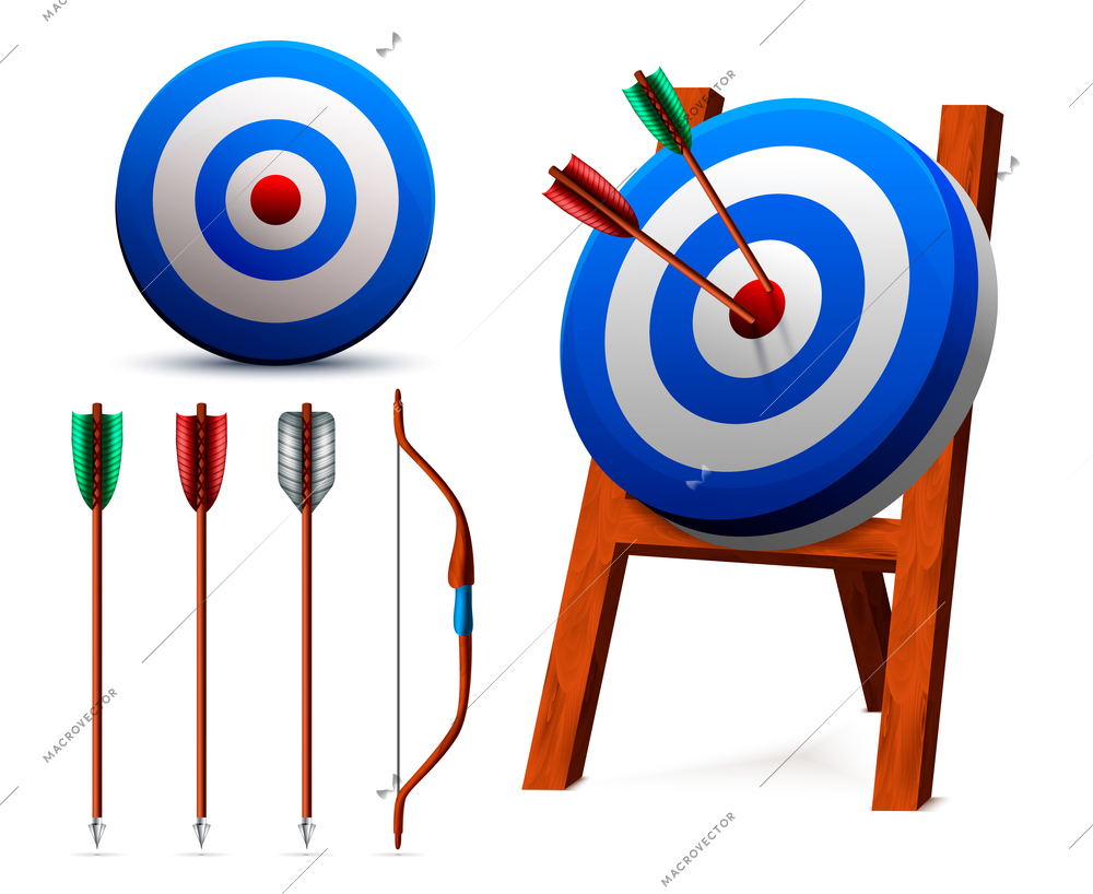 Set of realistic white blue targets and archery equipment including bow and arrows isolated vector illustration