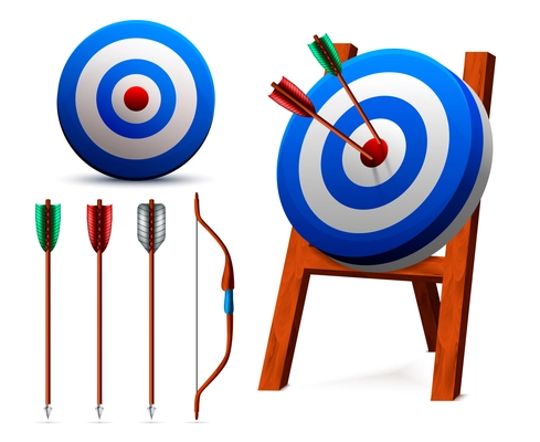 Set of realistic white blue targets and archery equipment including bow and arrows isolated vector illustration
