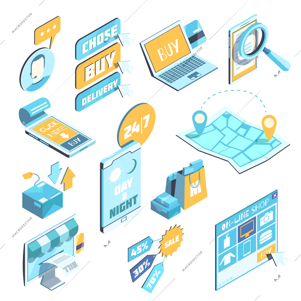 E-commerce isometric set in blue yellow colors with mobile devices, internet purchases, delivery isolated vector illustration