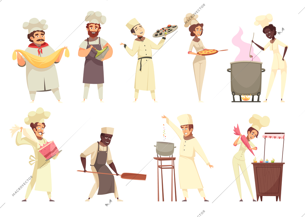 Professional cooking set of chefs during food preparation including asian dishes, pizza, desserts  isolated vector illustration