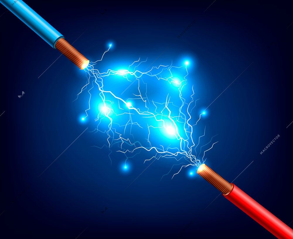 Blue and red electric cables with lightning discharge and sparks realistic composition on dark background vector illustration