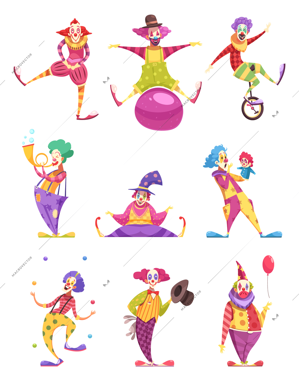 Set of icons clowns in colorful costumes with various elements including unicycle, puppet, ball isolated vector illustration