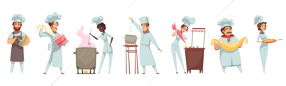 Professional cooking set of people in uniform with culinary tools during dishes preparation isolated vector illustration