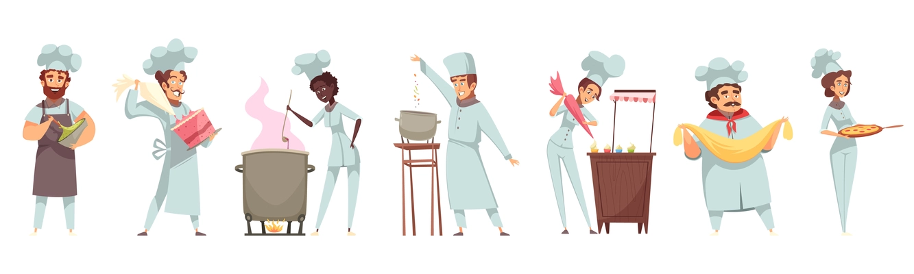 Professional cooking set of people in uniform with culinary tools during dishes preparation isolated vector illustration