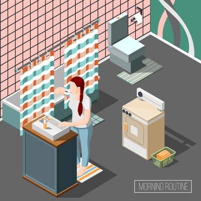 Morning routine isometric composition with young woman brushing teeth in bathroom interior vector illustration