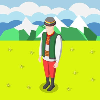 Multinational culture isometric background with man figurine dressed in traditional  clothe of his country vector illustration