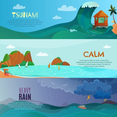 Seaside landscapes horizontal banners set with heavy rain symbols flat isolated vector illustration