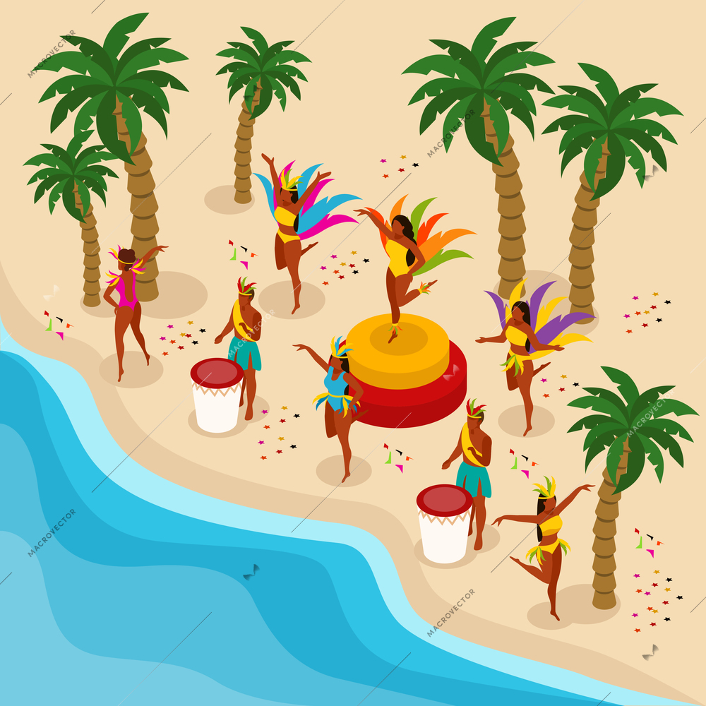 Brazilian carnival with dancing people and beach symbols isometric vector illustration