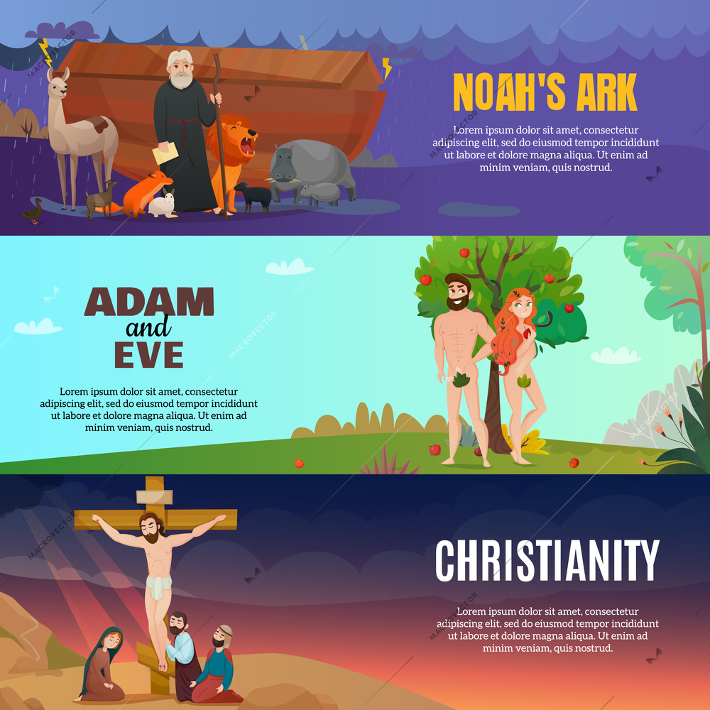 Bible story horizontal banners set with Adam and Eve symbols flat isolated vector illustration