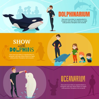 Dolphinarium show horizontal banners set with oceanarium symbols flat isolated vector illustration