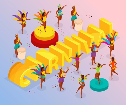 Brazilian carnival with dancing people and fun symbols isometric vector illustration