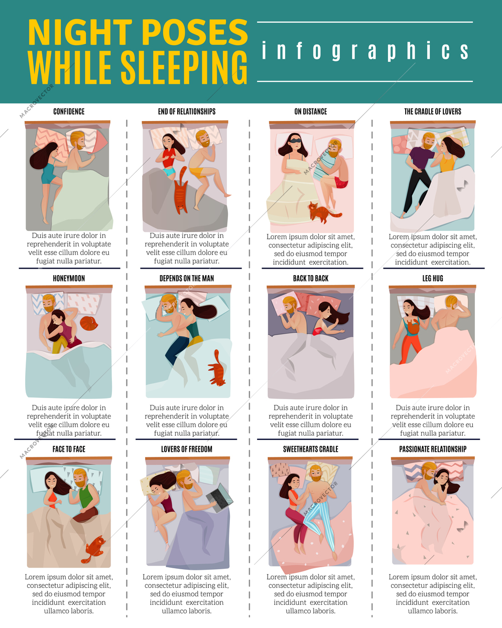 Couple sleeping poses infographic set with relationship symbols flat isolated vector illustration