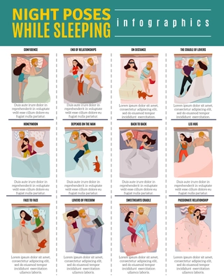 Couple sleeping poses infographic set with relationship symbols flat isolated vector illustration