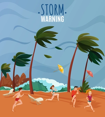 Seaside landscape with storm warning at beach symbols flat  vector illustration