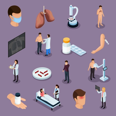 Tuberculosis prevention isometric icons set with health symbols isolated vector illustration