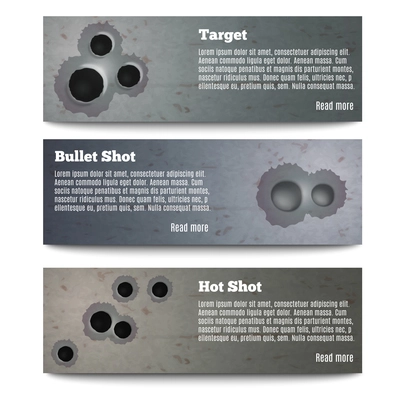 Set of three horizontal bullet shot hole realistic banners with editable text and read more button vector illustration