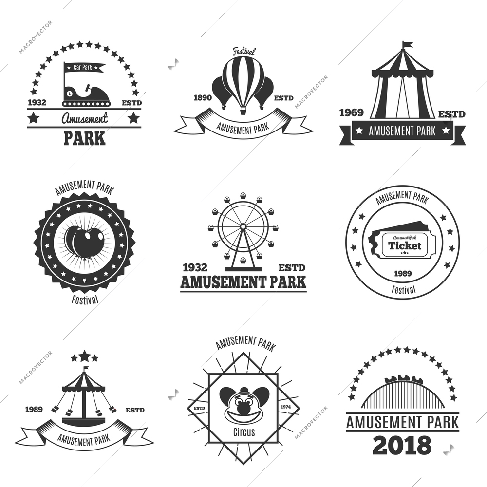 Amusement park emblems collection of nine monochrome images with text captions decorative shapes and attraction images vector illustration