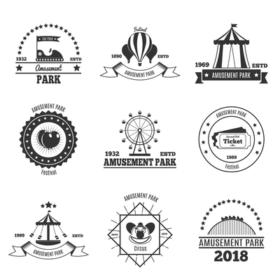 Amusement park emblems collection of nine monochrome images with text captions decorative shapes and attraction images vector illustration