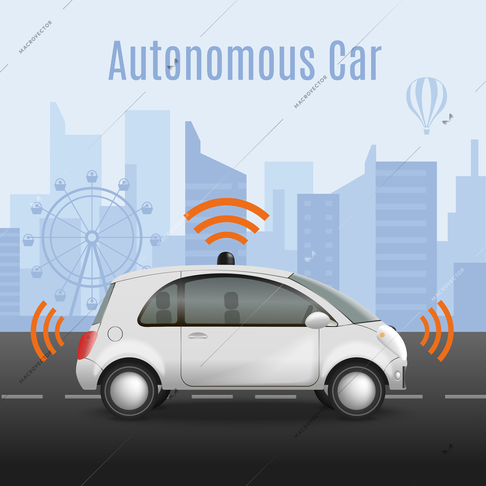 Autonomous car on road composition with realistic image of automobile with radiowave pictograms and urban scenery vector illustration