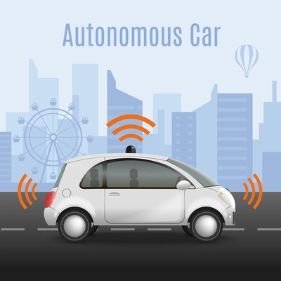 Autonomous car on road composition with realistic image of automobile with radiowave pictograms and urban scenery vector illustration