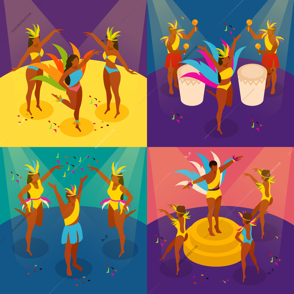 Brazilian carnival concept icons set with dancing and fun symbols isometric isolated vector illustration