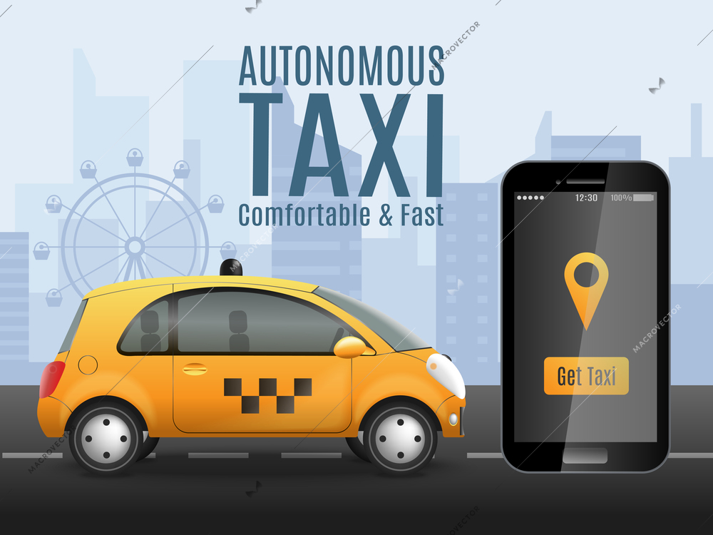 Autonomous taxi composition with realistic images of smartphone app and automatically driven car with urban background vector illustration