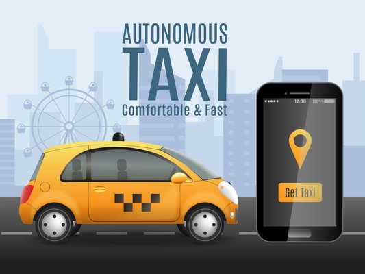 Autonomous taxi composition with realistic images of smartphone app and automatically driven car with urban background vector illustration