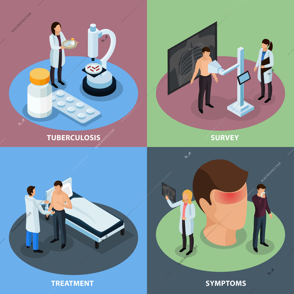 Tuberculosis prevention isometric concept icons set with treatment symbols isolated vector illustration