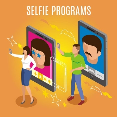 Programs and filters for selfie photo, isometric orange background with gadgets, persons making self portrait vector illustration