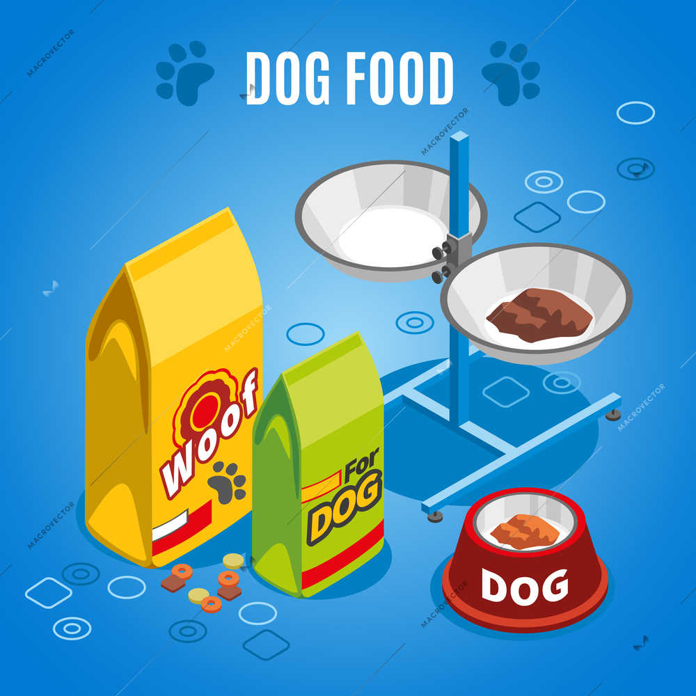 Dog food isometric composition on blue background with dry and wet feed, paw imprints, vector illustration