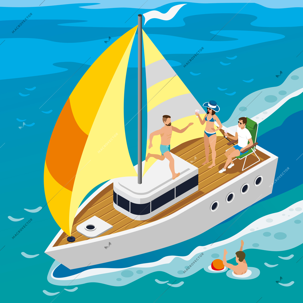 Rich people during leisure on board yacht with yellow sails on sea in summer isometric vector illustration
