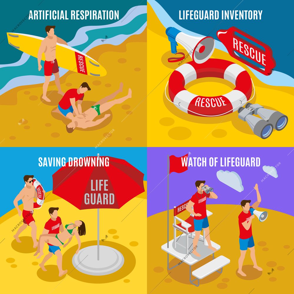 Beach lifeguards 2x2 design concept  set of artificial respiration lifeguard inventory saving drowning watch of lifeguard isometric compositions vector illustration