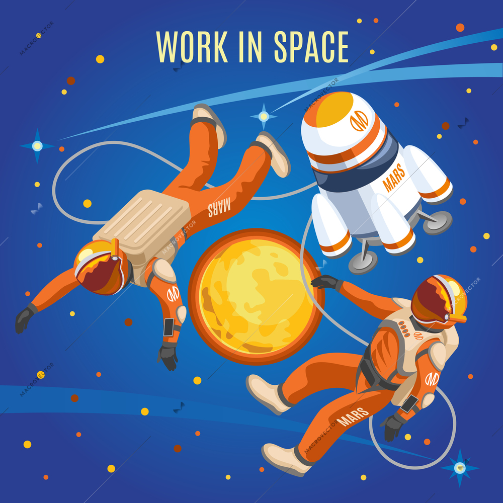 Work in space isometric composition on blue background with astronauts, ship, sun and cosmic objects vector illustration