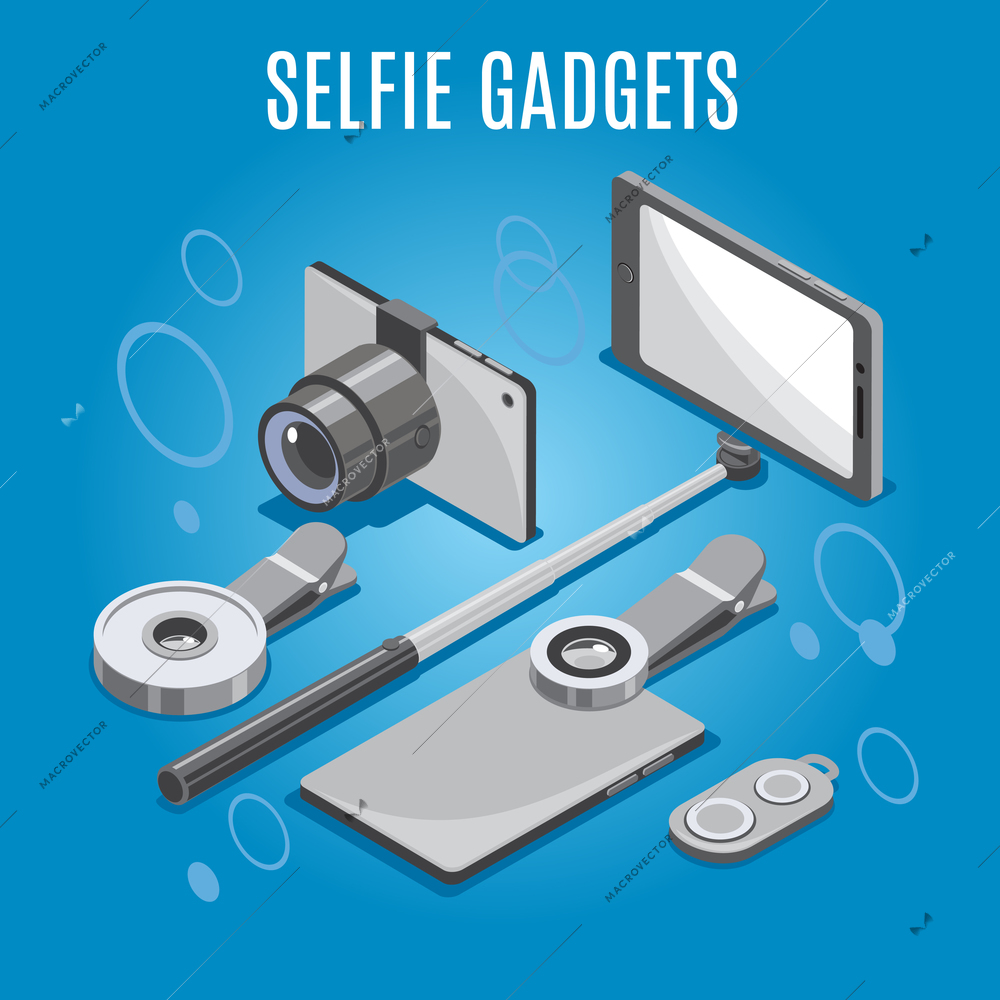 Isometric selfie gadgets including smart phone with monopod, camera, lenses, remote control, blue background, vector illustration