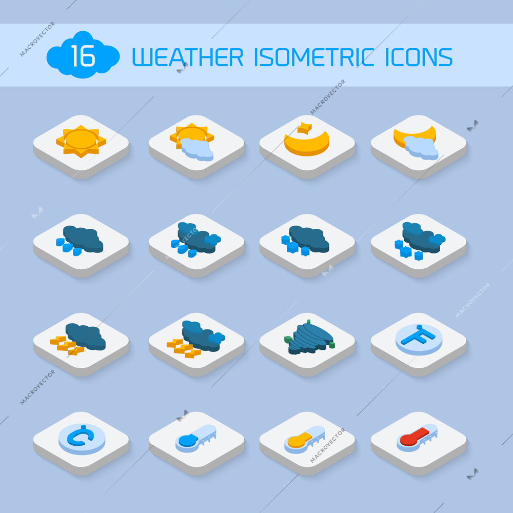 Weather forecast isometric icons buttons set for climate and temperature report vector illustration