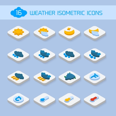 Weather forecast isometric icons buttons set for climate and temperature report vector illustration