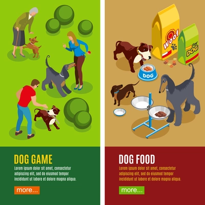 Set of vertical isometric banners dog game and canine food isolated on green beige background vector illustration