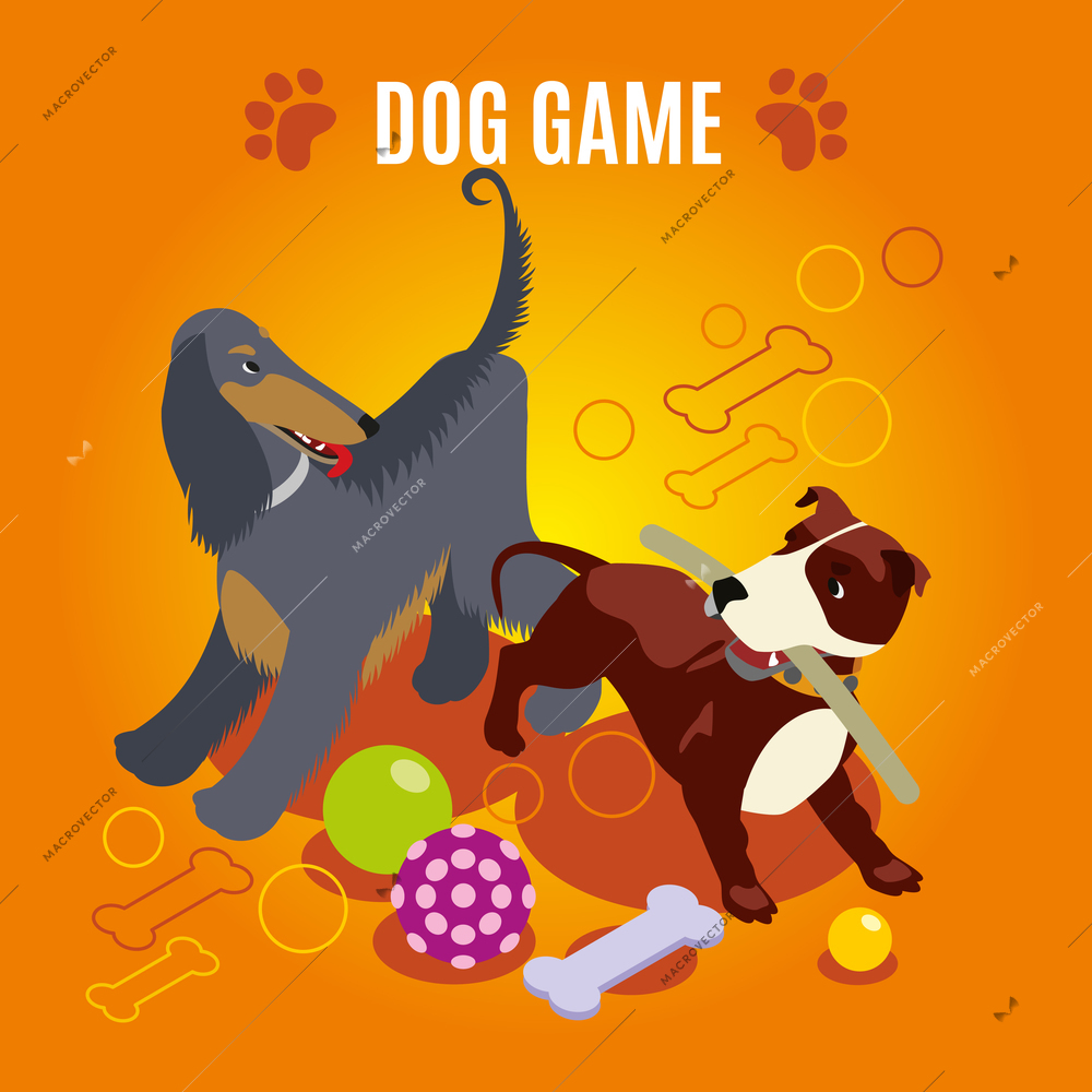 Dog game isometric composition on orange background with domestic animals and various toys, paw imprints, vector illustration