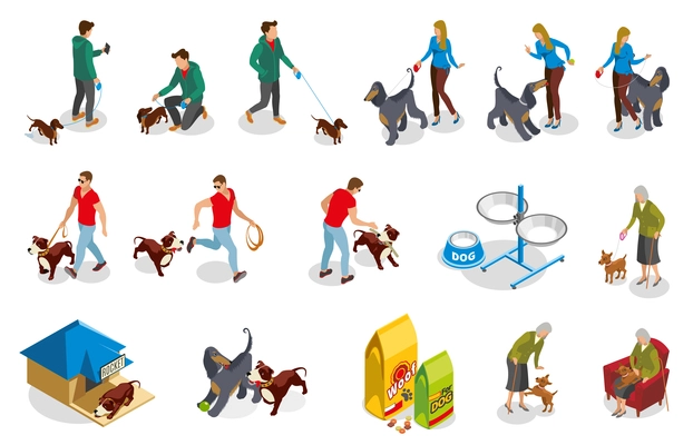 Ordinary life of dog and owner isometric icons with pet training, walking and feeding isolated vector illustration