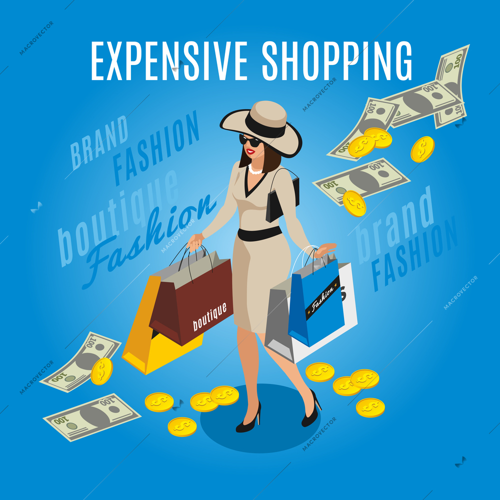 Rich lady with expensive shopping  isometric composition on blue background with coins and banknotes vector illustration