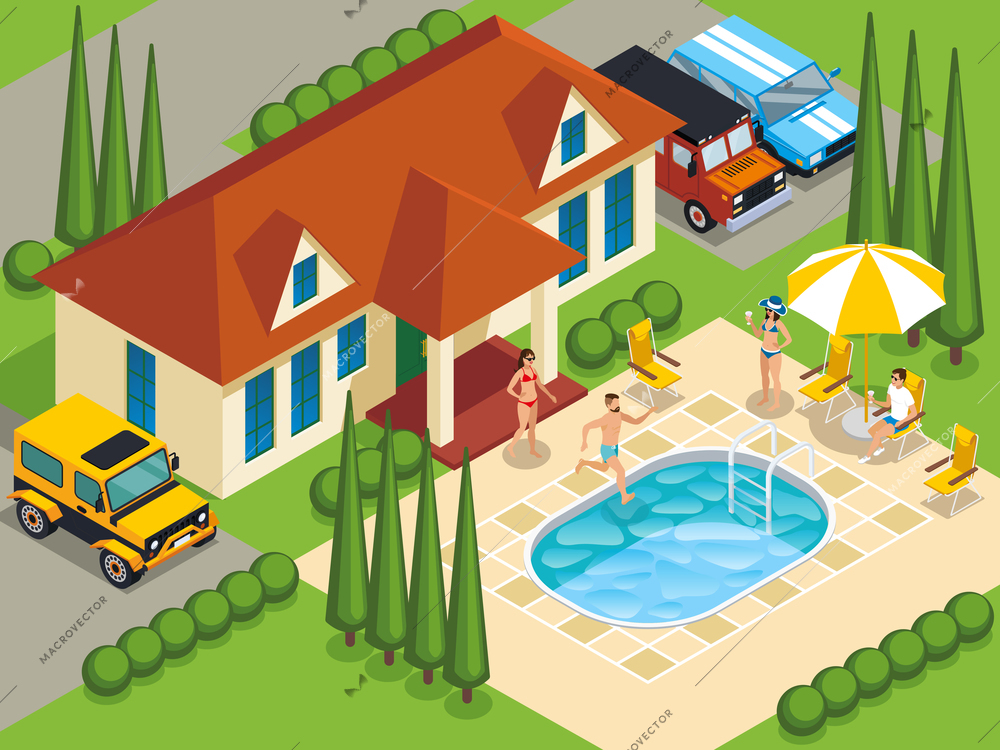 Rich people with friends during leisure on villa with swimming pool and landscape design isometric vector illustration