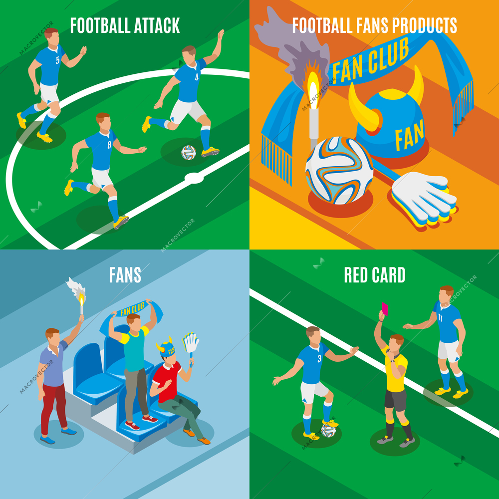 Football 2x2  design concept set of football attack red card fans products isometric compositions vector illustration
